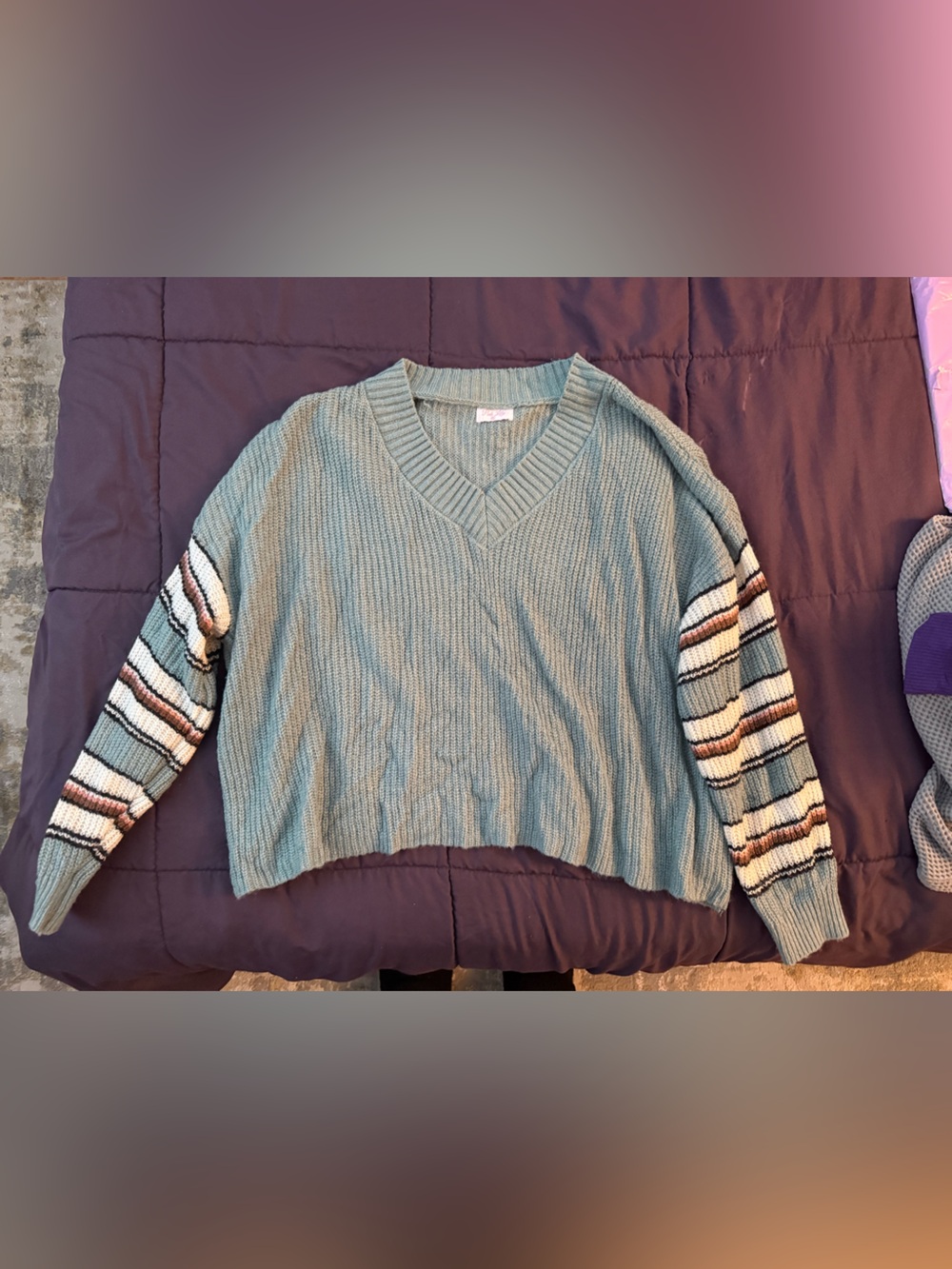 Pink Lily Teal V-Neck Sweater with Striped Sleeves
